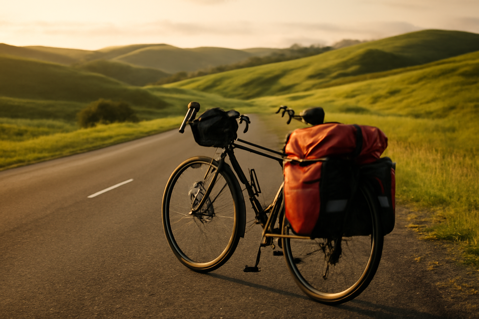 Sepeda touring dengan tas pannier belakang diparkir di jalan pedesaan saat sore hari