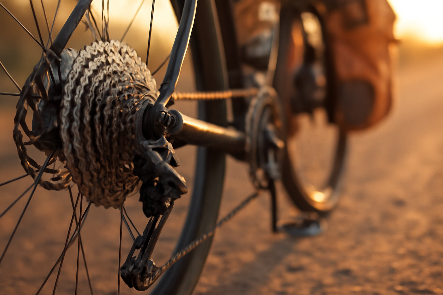Close-up grup set sepeda touring dengan cassette besar dan derailleur belakang di jalan berbatu