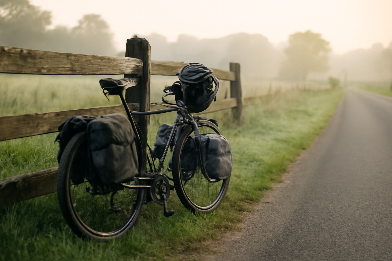 Sepeda touring dengan tas kerangka dan tas handlebar bersandar di pagar kayu pinggir jalan pedesaan pada pagi hari