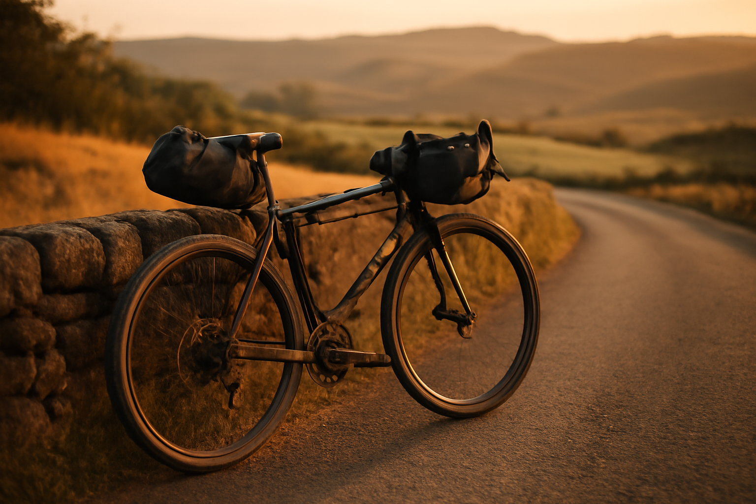 Sepeda touring dengan tas kerangka, tas sadel, dan tas handlebar terpasang