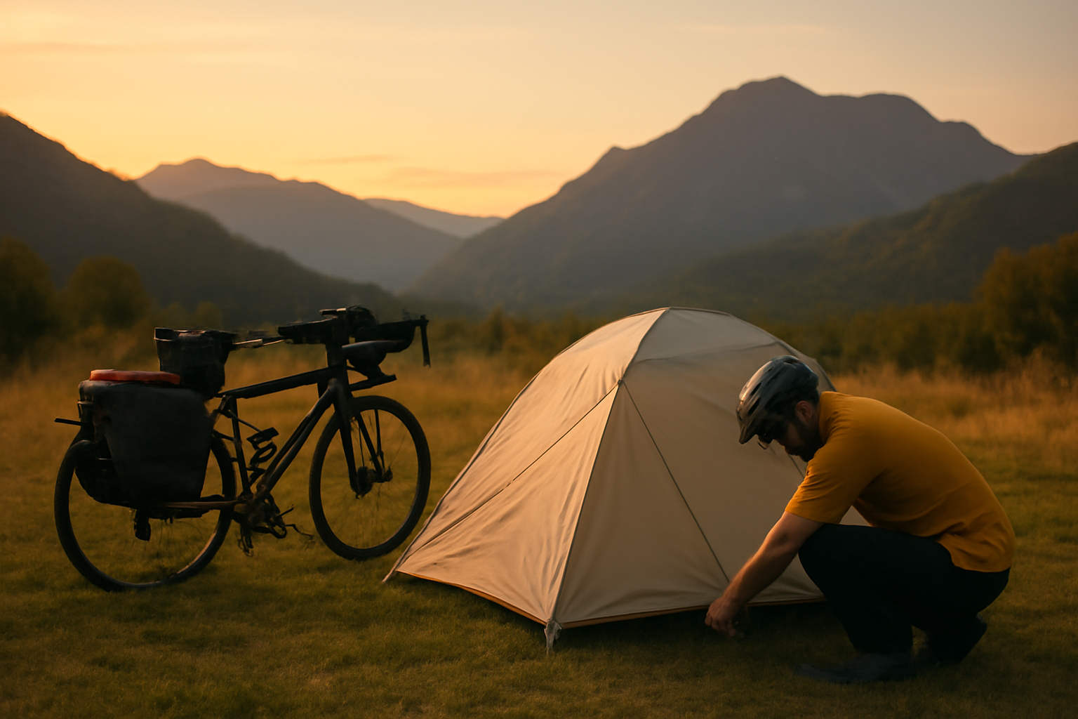 Pesepeda sedang memasang tenda touring di samping sepeda yang penuh barang